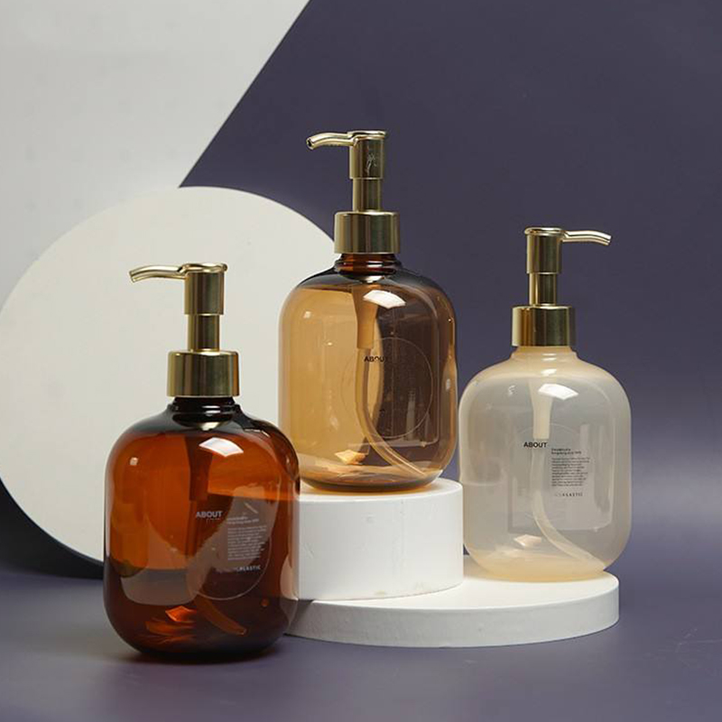 300ml 500ml PET 플라스틱 앰버 라운드 빈 컨디셔너 바디 로션 병 골드 애완 동물 로션 펌프 샴푸 병