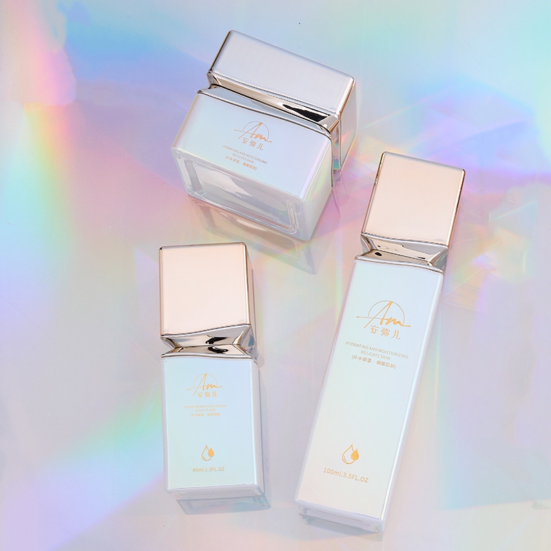 얼굴에 바르는 크림과 아이 크림을 위한 무지개 빛깔의 효과가 있는 사각 유리 크림 용기 얼굴에 바르는 크림과 아이 크림을 위한 무지개 빛깔의 효과가 있는 사각 유리 크림 용기