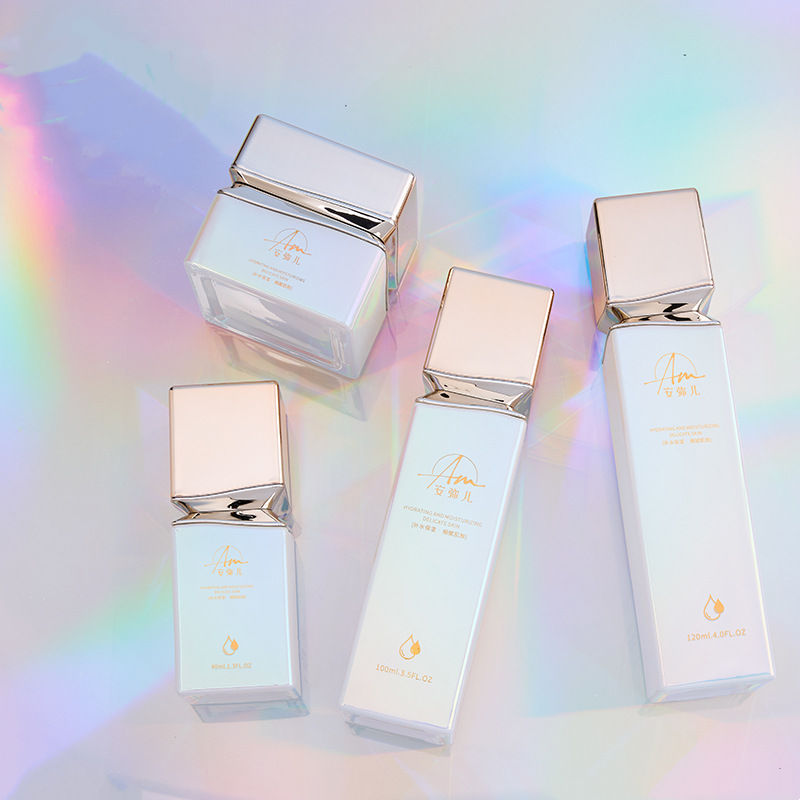 얼굴에 바르는 크림과 아이 크림을 위한 무지개 빛깔의 효과가 있는 사각 유리 크림 용기 얼굴에 바르는 크림과 아이 크림을 위한 무지개 빛깔의 효과가 있는 사각 유리 크림 용기