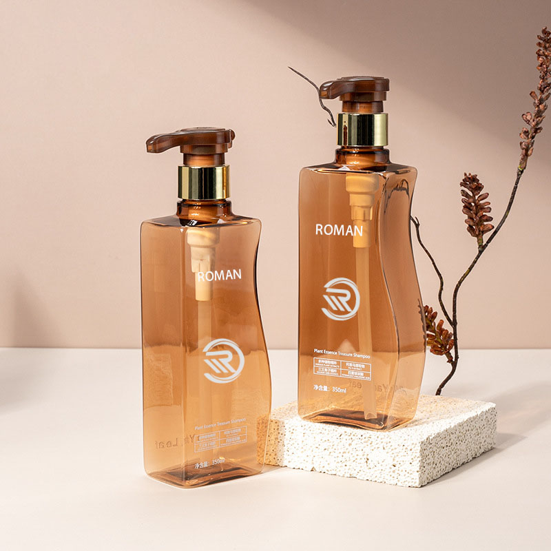 헤어 케어 샴푸 컨디셔너 또는 페이스 크림 사용을 위한 펌프가 있는 신뢰할 수 있는 350ml 500ml 곡선 모양의 호박색 애완 동물 플라스틱 빈 바디 로션 병